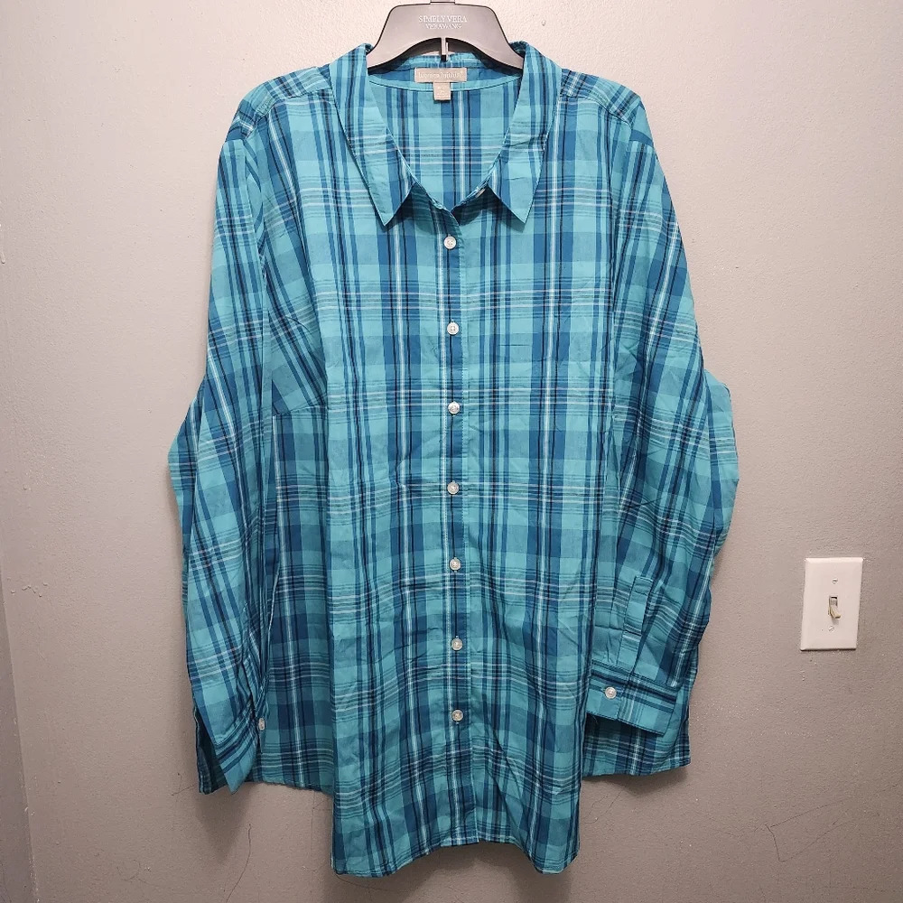 Women's within button-down shirt size 30/32 plaid green and blue